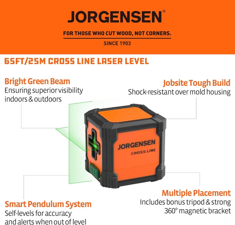 Jorgensen Laser Level with Tripod, 65 FT Self Leveling Cross Line Laser Leveler Tool with 360° Magnetic Base, Green Laser Level for Picture Hanging, Home Renovation, Indoor Project - Image 2